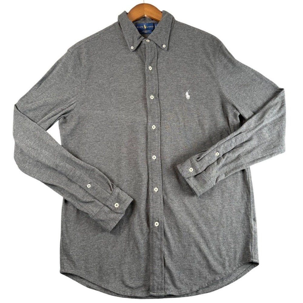 Ralph Lauren Shirt Men's L Gray Featherweight Mesh Long Sleeve Polo 100% Cotton
